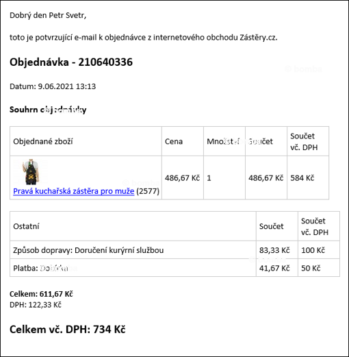 Informační e-mail o uskutečnění objednávky